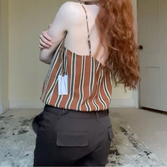 Astr Brown Green White Bodysuit with Vertical Stripes Flattering Flowy Tank NWT - Picture 8 of 12